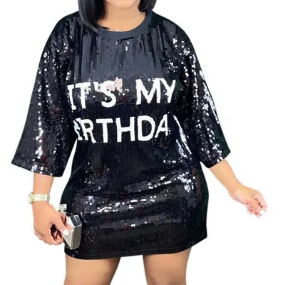 SEQUIN MY BIRTHDAY PRINT THREE QUARTER SLEEVE CASUAL MINI DRESS